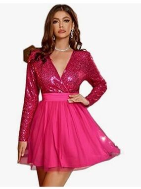 Double Crazy Surplice Neck Mesh Hem Sequins Cocktail Dress Large